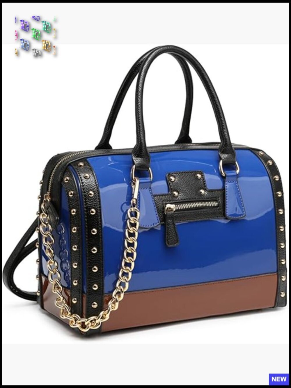 Patent Faux Leather Barrel Satchel Handbag with Rivet Decoration Top Handle